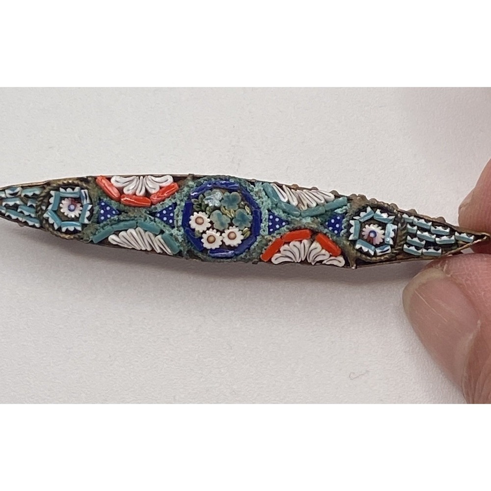 Antique Vtg Colorful Flower Micro Mosaic 2 In  Bar Pin Brooch Rare Find Italy